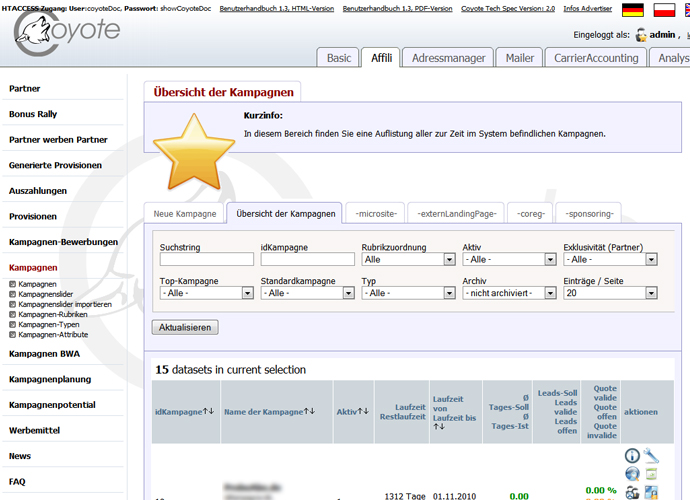 Scrennshot Kampagnenverwaltung