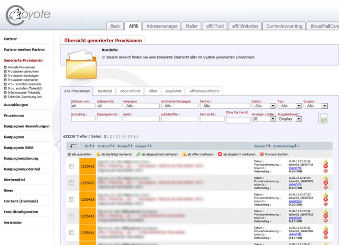Scrennshot Provisionsverwaltung
