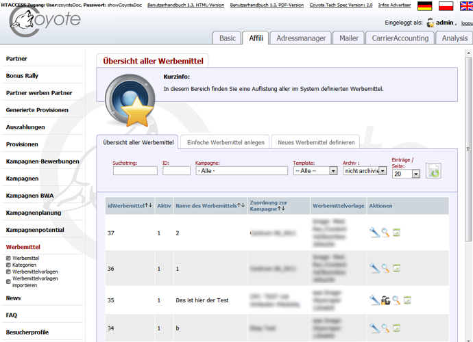 Scrennshot Werbemittelverwaltung